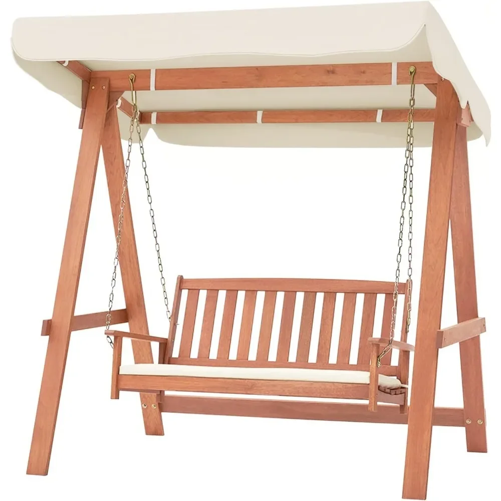 2 person swing, canopy, wooden patio swing, removable cushions, sturdy metal chain, outdoor swing for garden, backyard support