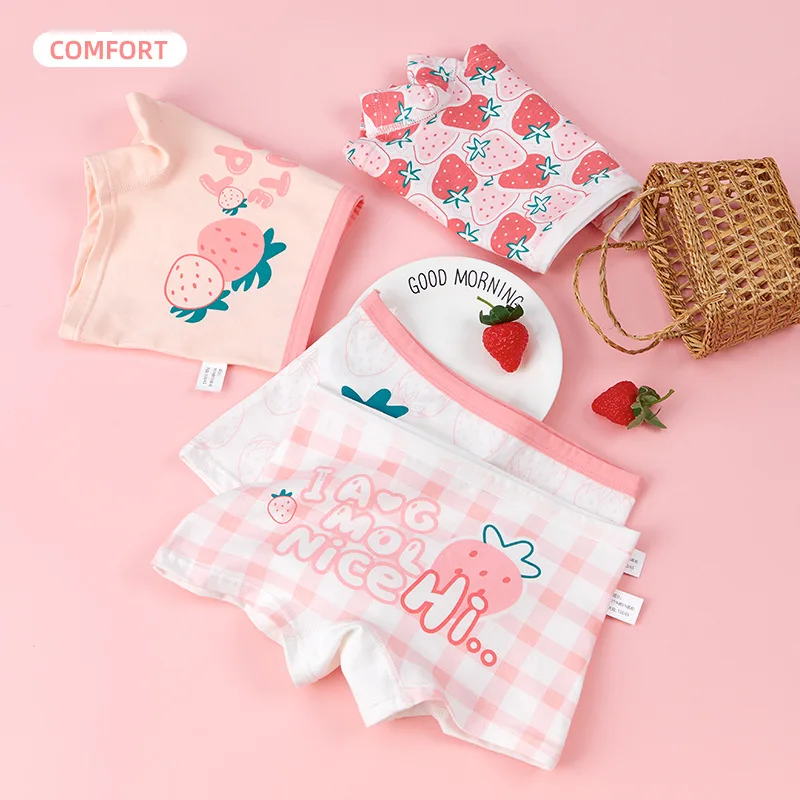 4pcs Girls Underwear Little Girl Boxer Shorts 5-14 Year Old Student Cartoon Underwear Cotton Strawberry Children Underwear