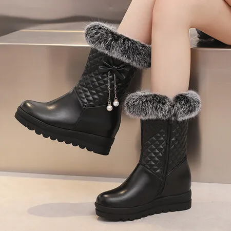 Fashion Women Snow Boots 2024 New Faux Fur Winter Boots Height Lncreasing Platform Thick Plush Warm Zip Winter Shoes White Pink