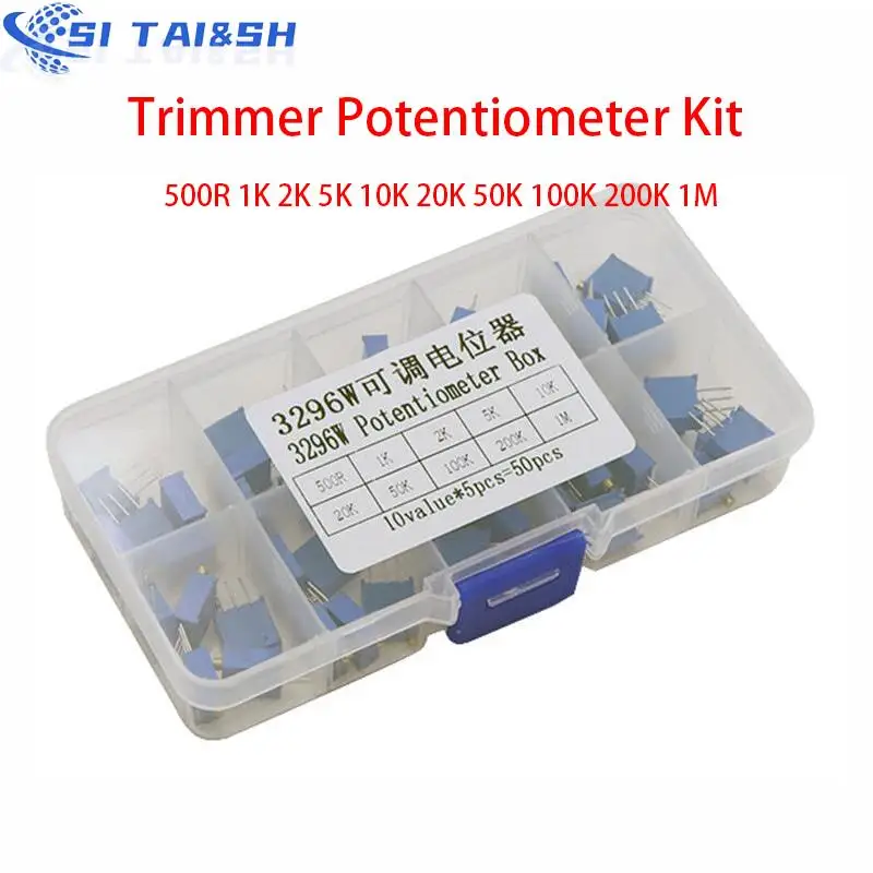 50 ชิ้น/ล็อต 3296W Multiturn Trimmer Potentiometer Kit ความแม่นยําสูง 3296 ตัวต้านทานตัวแปร 500R 1K 2K 5K 10K 20K 50K 100K 200K 1M