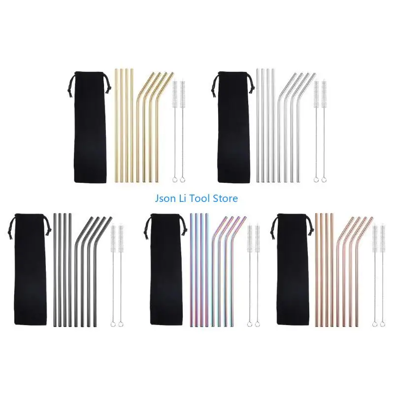 Y08D Metal Reusable 304 Stainless Steel Straws Straight Bent Drinking Straw With for Case Cleaning Brush Set Party Bar Access