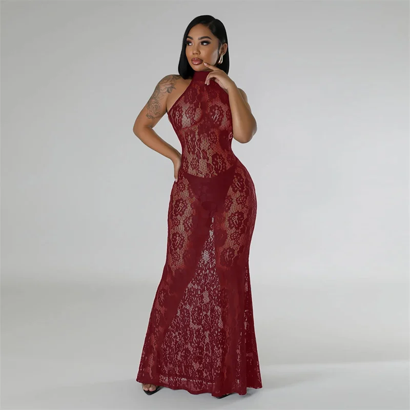 Summer Women Backless Halter Slim Party Sexy Long Lace Dress Perspective 2024 Sleeveless See Through Hot Sexy Night Club Dress