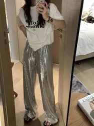 The New Women's Fashion Trendy Sparkling Silver&Black Pants Relaxation of Tall Waist Wide-legged Pants Women's South Korean Styl