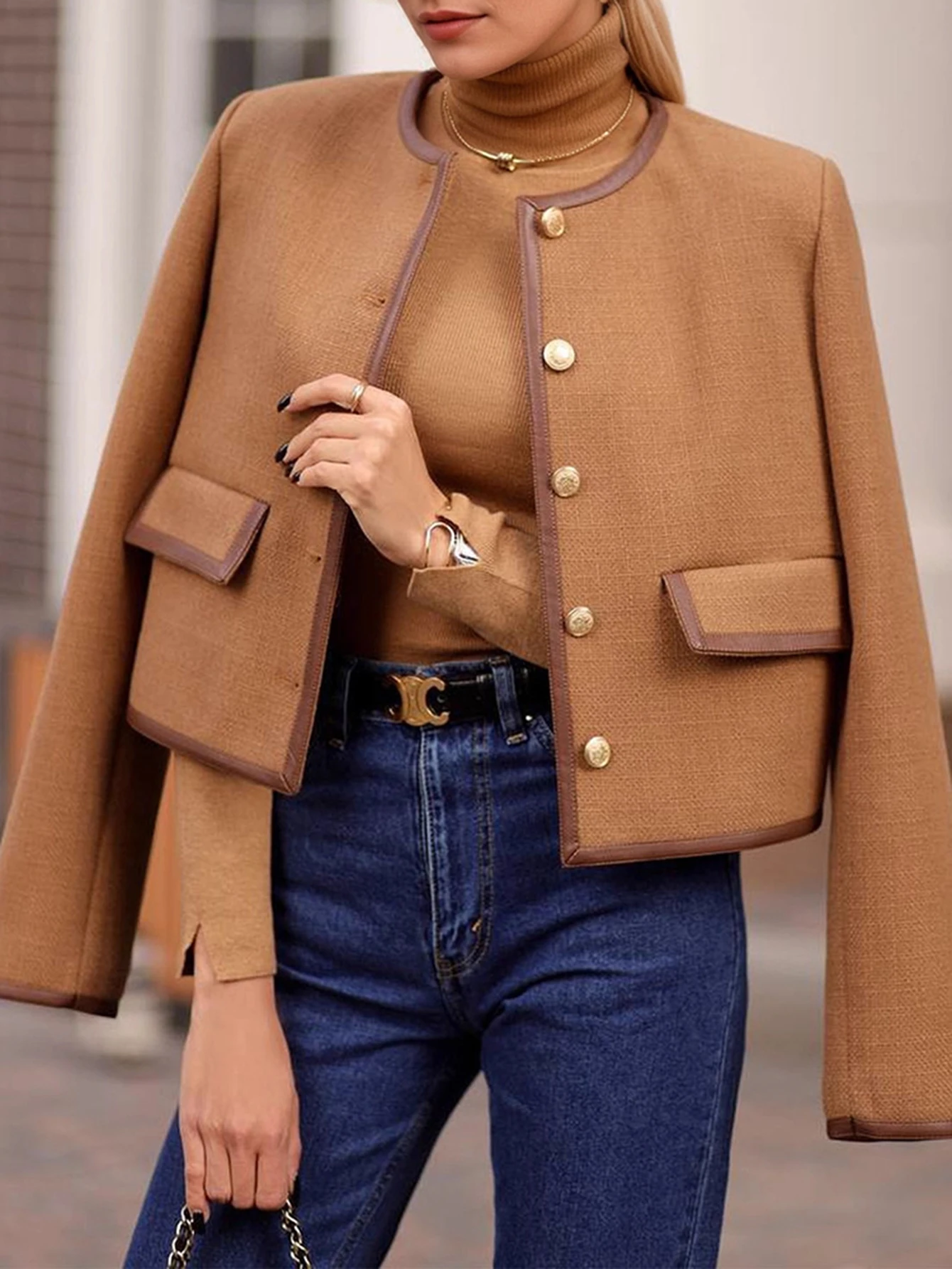 

Женская куртка с длинным рукавом и круглым вырезом, осенняя приличная простая повседневная верхняя одежда с накладными карманами и пуговицами