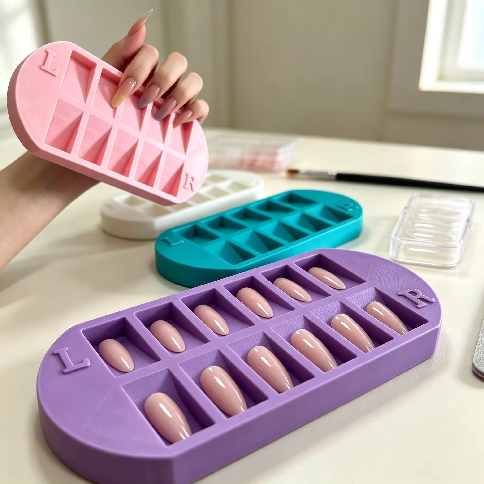 Silicone Nail Tip Display Holder 10 Slots L/R Identification Press on Nail Storage Tray Nail Art Manicure Salon DIY Tool
