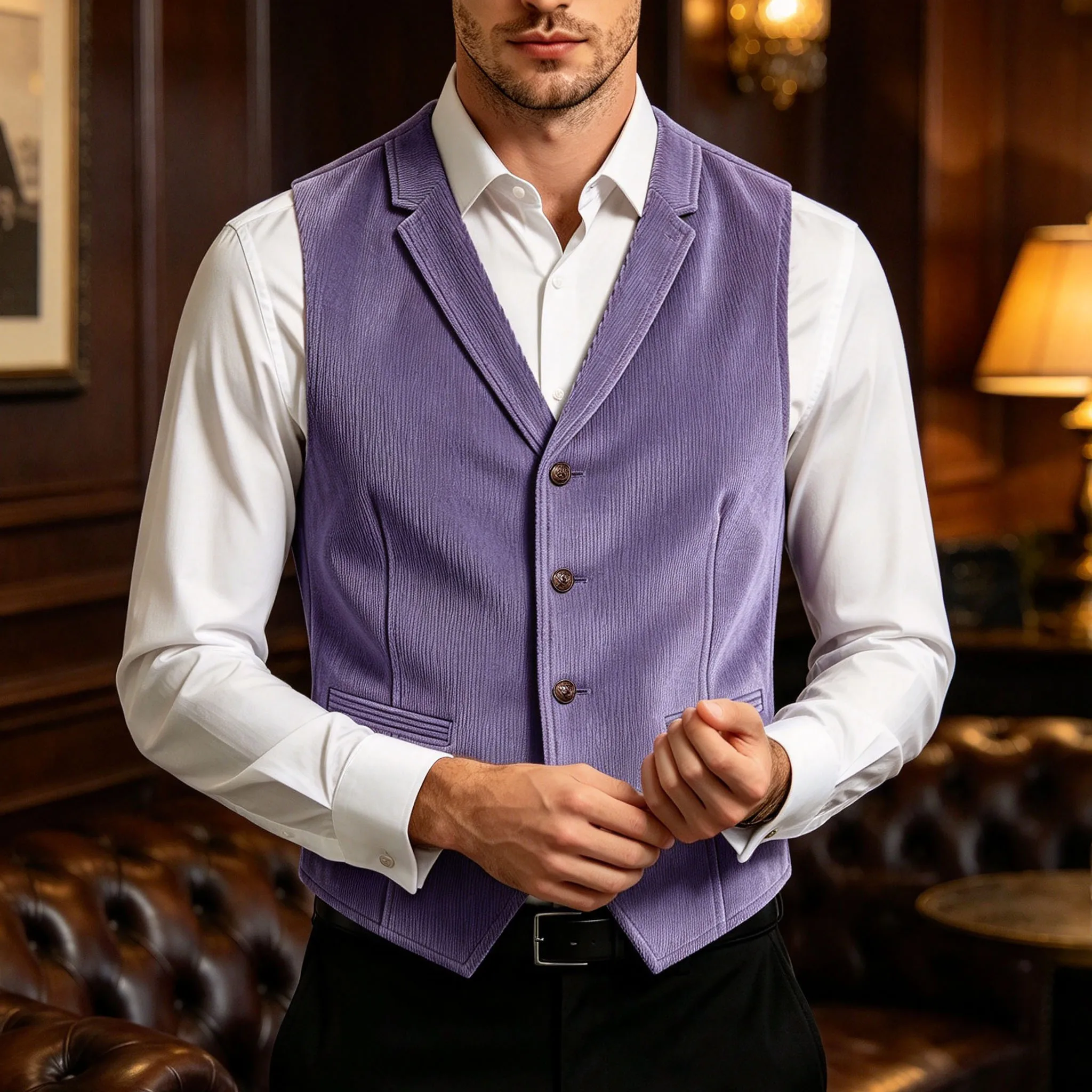 Elegant Men's Brown Corduroy Suit Vest Solid Color Sleeveless Single Breasted Slim Fit Formal Waistcoat Wedding Business Party