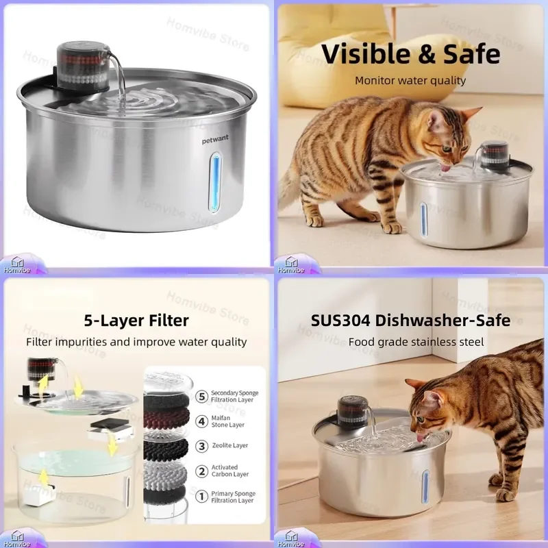 

3.2L Stainless Steel Automatic Cat Water Fountain Dispenser with Removable Filter for Pets Indoor Home Use Pet Feeder