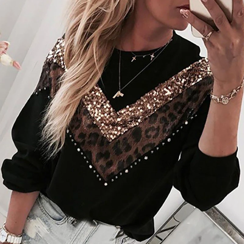 Women Sequins Lips Print Fashionable Sweatshirt Autumn Leopard Long Sleeve Beading Hoodie Lady O-neck Kawaii Sweatshirt Hoodies