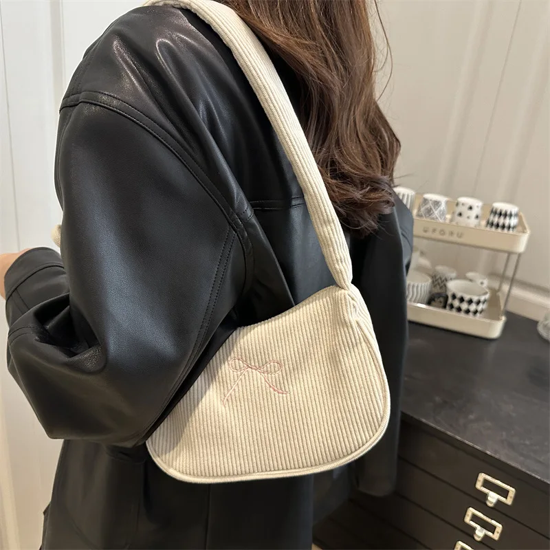 Corduroy Shoulder Bag with Bow, Ruched Drawstring Handbag, Vintage Y2K Purse for Women Daily Dating Travel Underarm Handbag view 5