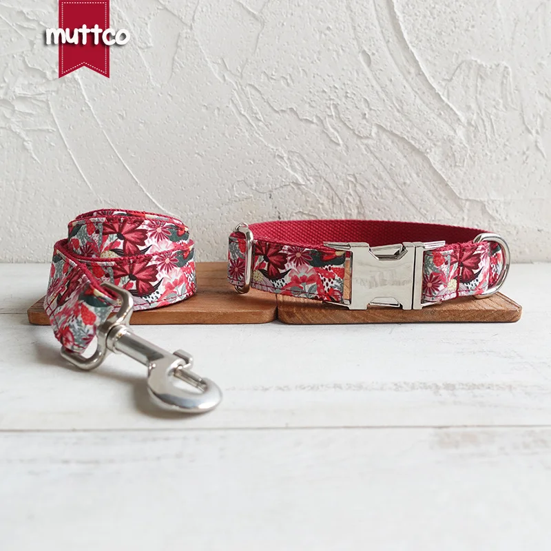 MUTTCO The independent design pet dog bow tie collar leash RED ROSA personalized adjustable puppy nameplate collar 5 size UDC131