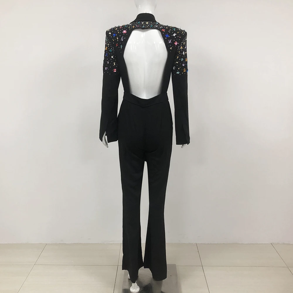 KLEEZY New Women's Fashion Sexy Hollow Colorful Diamond Suit Long Jumpsuit Formal Suit Two-piece Suit