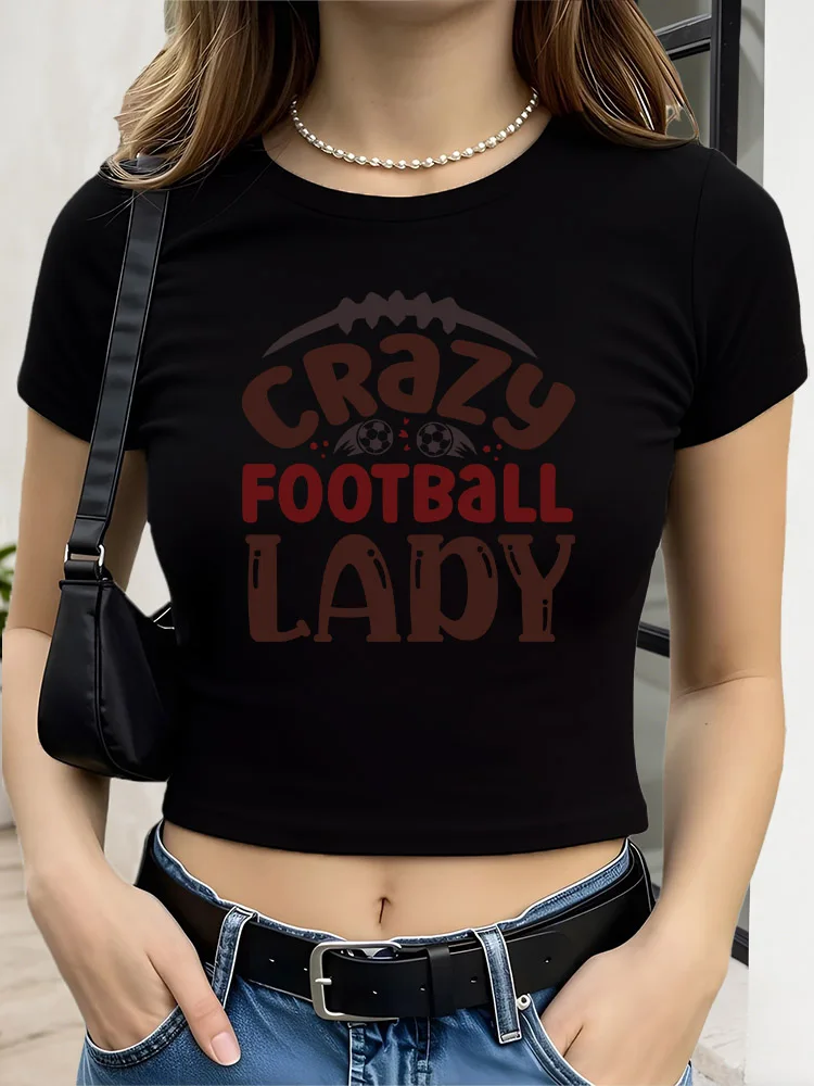 

Crazy Football Lady Women Graphic Crop Top Black Short Sleeve Slim Fit T-Shirt Basic Summer Top