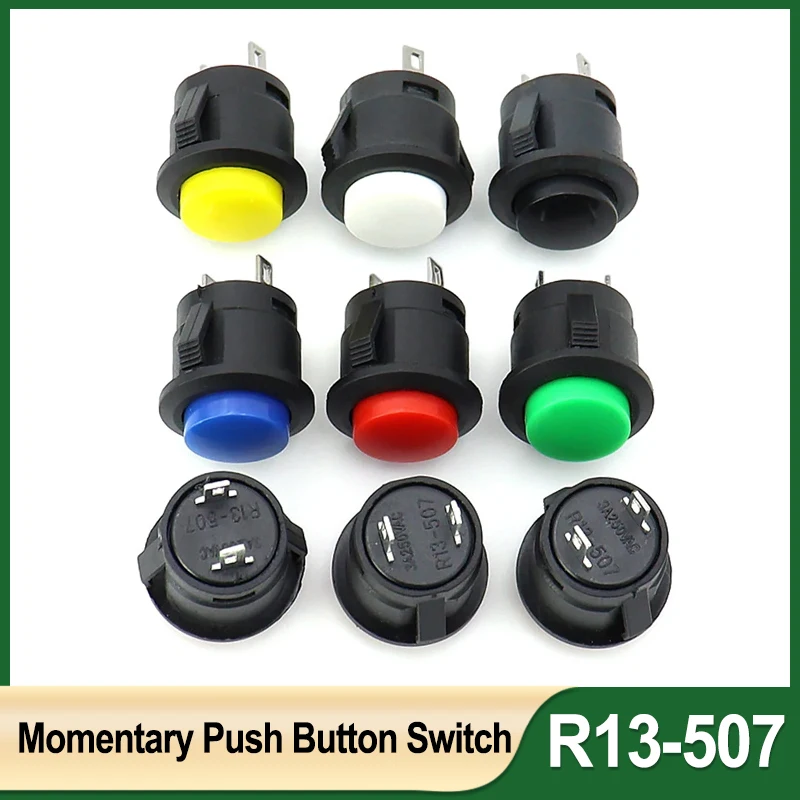 

2/10/100pcs R13-507 Momentary Push Button Switch 16mm 2Pins 6A/125VAC 3A/250VAC Round Switches Black Blue Red White Yellow Green