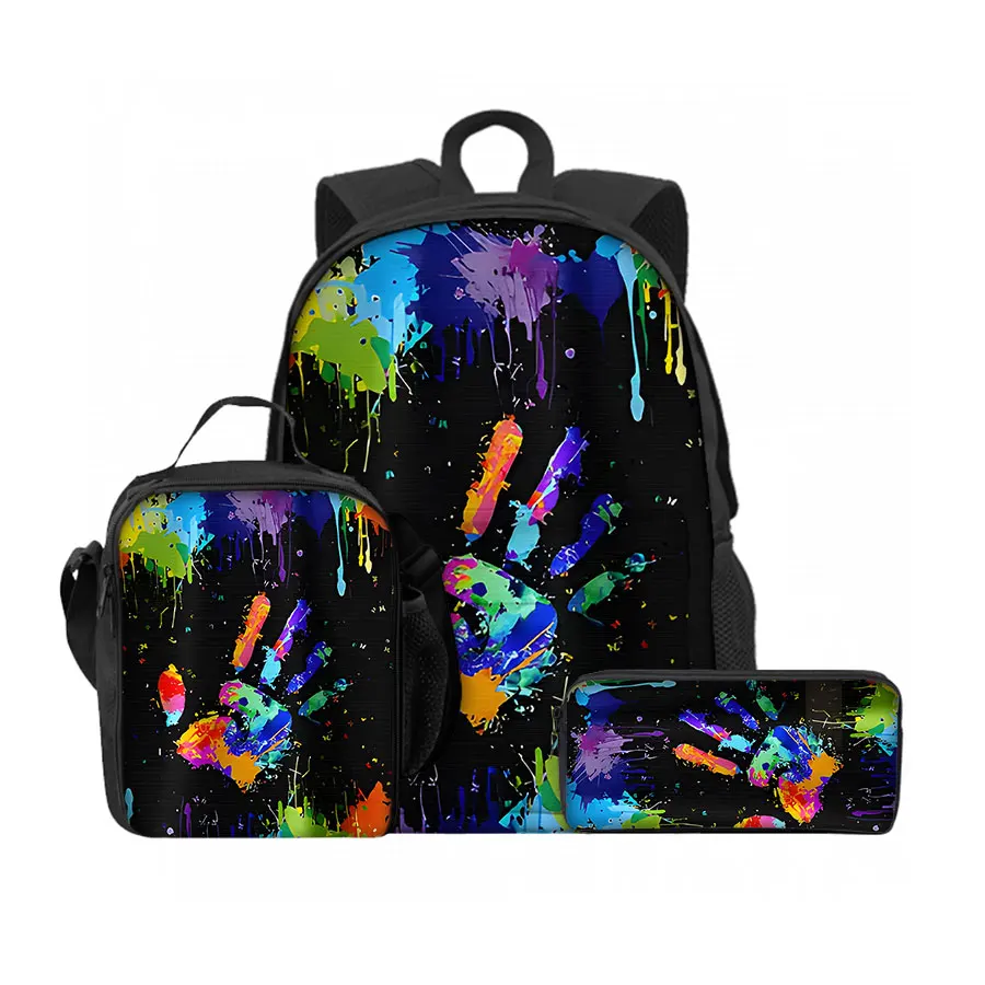 

Красочный узор ладони, набор из 3 предметов, 3D мультяшный дизайн, водонепроницаемый школьный рюкзак, сумки для обеда, ручки для мальчиков и девочек, лучшие подарки