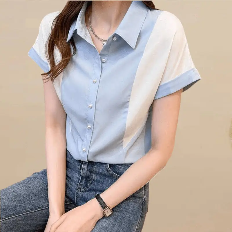 Fashion Lapel Spliced Raglan Sleeve Plus Size Chiffon Blouse 2022 Summer New Commute Tops Loose Female Clothing Casual Shirt