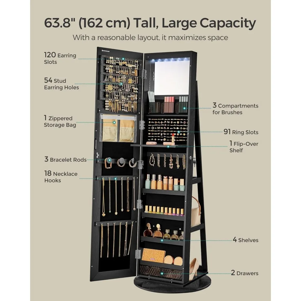 Gabinete de joyería con espejo con cerradura de 6 LED, 360 °   Organizador de joyas giratorio, armario de joyería de pie, espejo de longitud completa sin marco