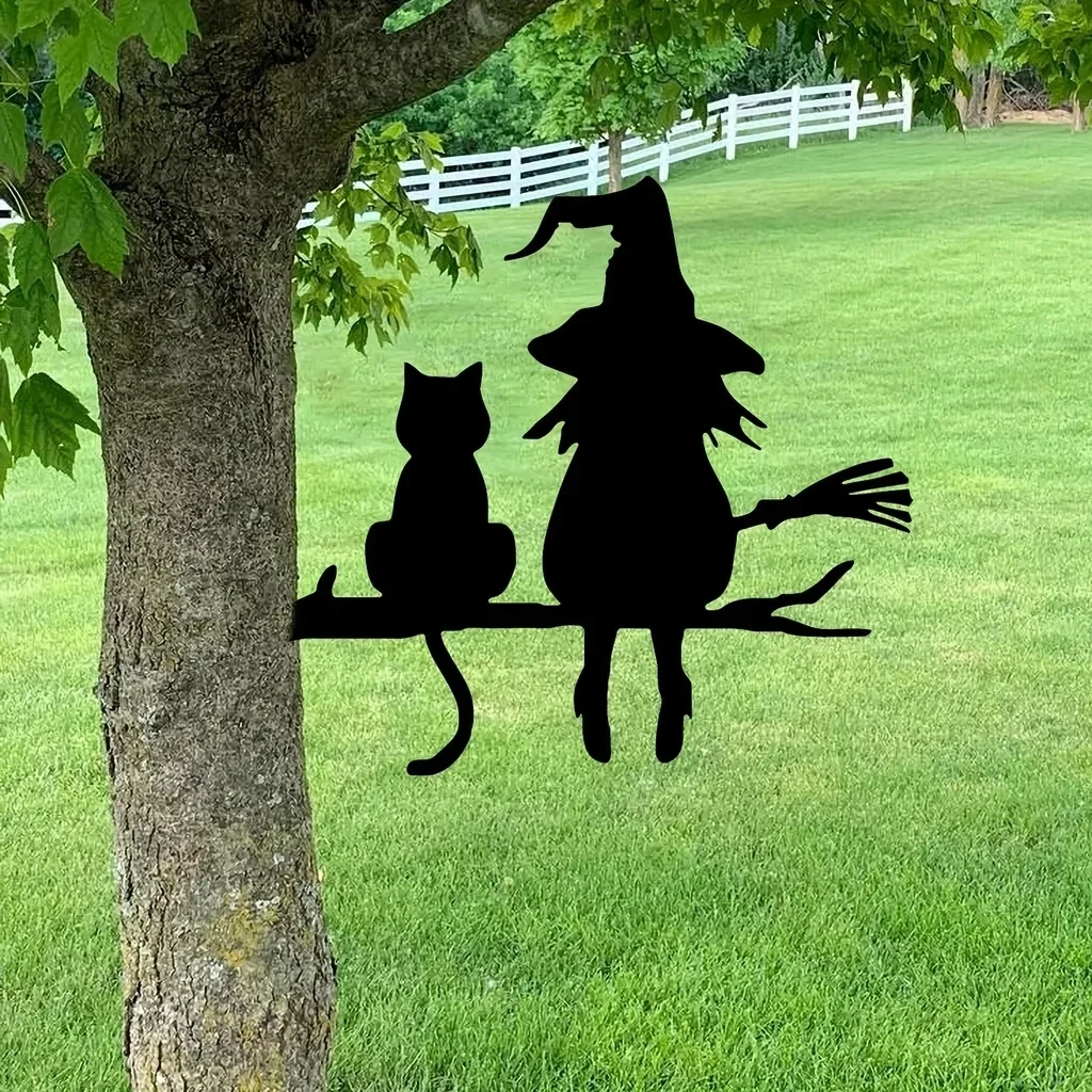 1pc Metal Silhouette Cute Witch And Cat Garden Stake On The Branch Yard Art Decor, Tree Stump Plug-in, For Garden Lawn Courtyard