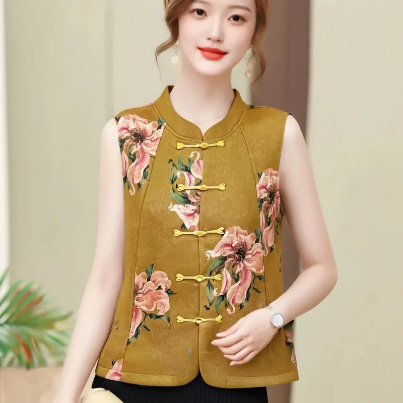 

Women's Chinese Style Floral Print Vest Retro Frog Button Stand Collar Sleeveless Jacket for Spring Autumn