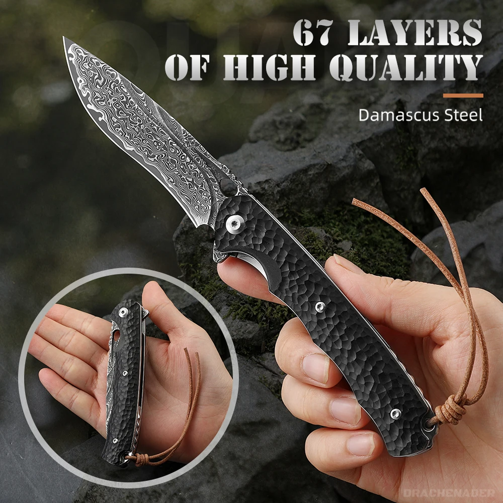 

Ebony Damascus Folding Knife VG10 Hunting Damascus Pocket Knife For Men With Clip EDC Outdoor Camping Knife, As Gift