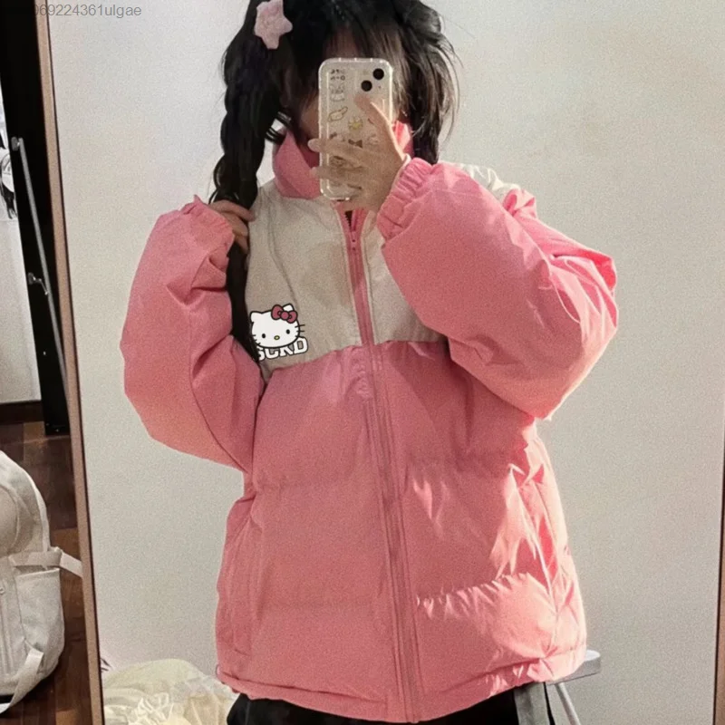 Sanrio Hallo Kitty süße Baumwolle gepolsterte Jacke y2k Herbst Winter ästhetische Kleidung Frauen Cartoon süße warme Mantel rosa Top Strickjacke