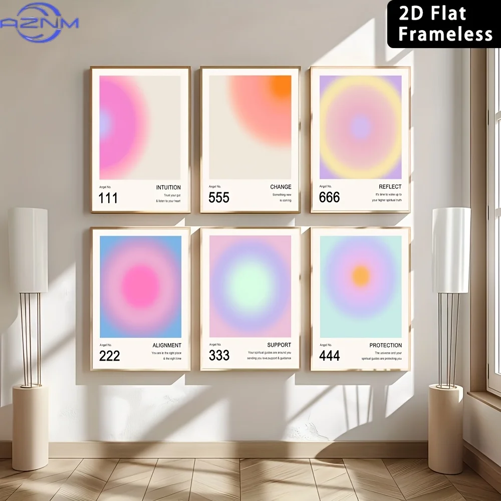 6pcs Frameless Canvas Printed Poster Home Decoration Decorative Wall Art Aura Angel Numbers Poster, Colorful Gradient Posters fo