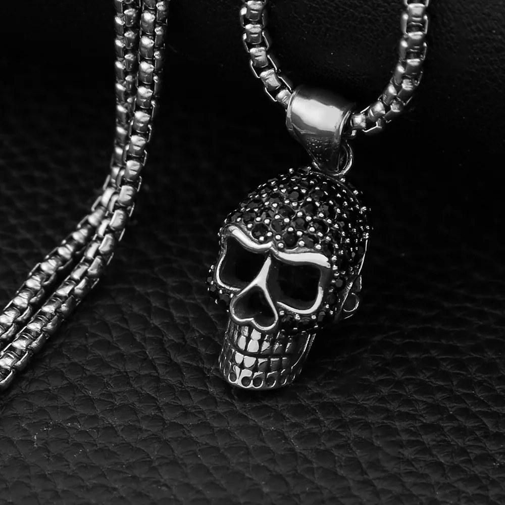 Trendy Creative Skull Pendant With Black Stone Gothic Skeleton Necklace Men's Punk Rock Party Stainless Steel Jewelry Wholesale
