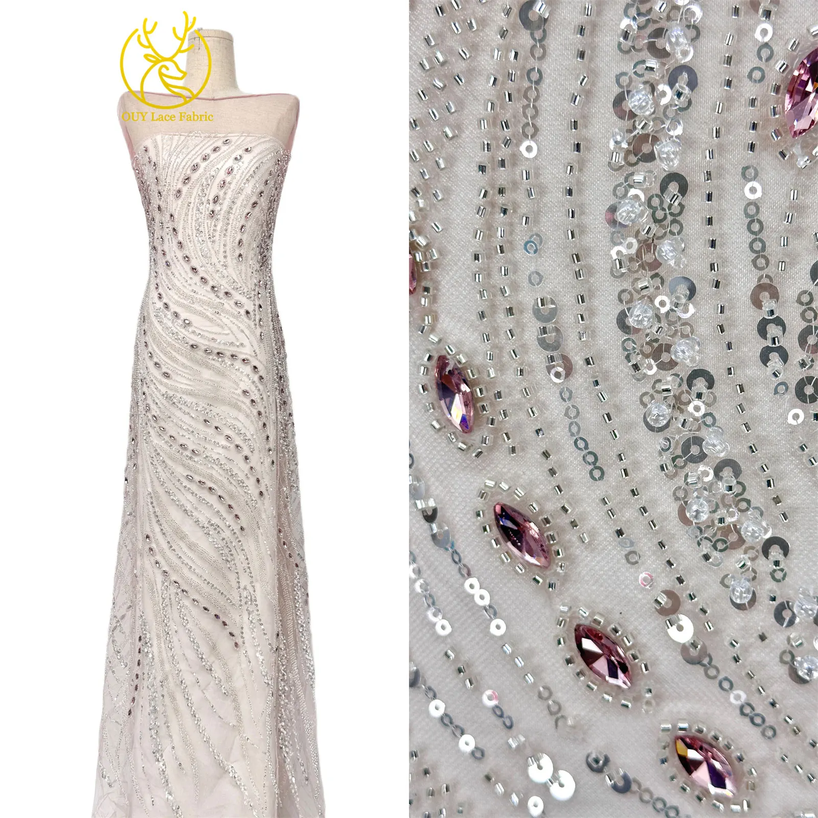 Marineblauer, hochwertiger, luxuriöser, österreichischer Diamant-Perlen-Spitzenstoff im neuen Stil 2026, afrikanischer Pailletten-Spitzenstoff für Brautkleider und Hochzeitsfeiern. – Detail 6