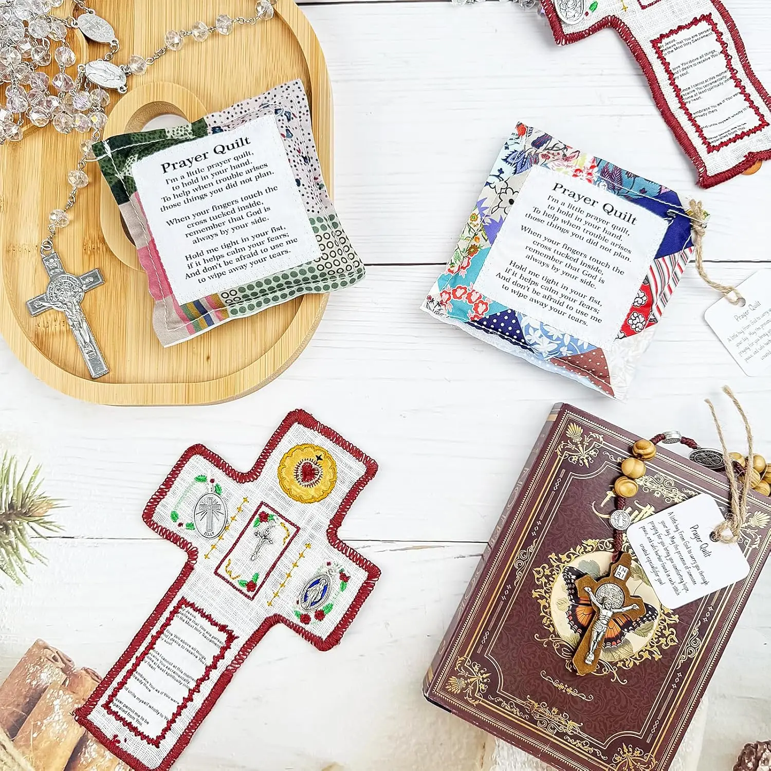 Christian Embroidered Cloth Scripture Prayer Quilt  with Religious Medals, Handmade Portable Catholic Devotional Rosary Pouch