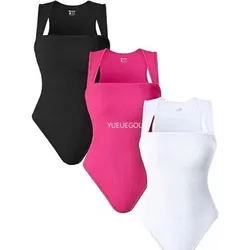 3 Pack Ribbed Bodysuits for Women - Tummy Control Sleeveless Tops, Square Neck Strappy Tank Bodysuit Set, High Waist Shaper