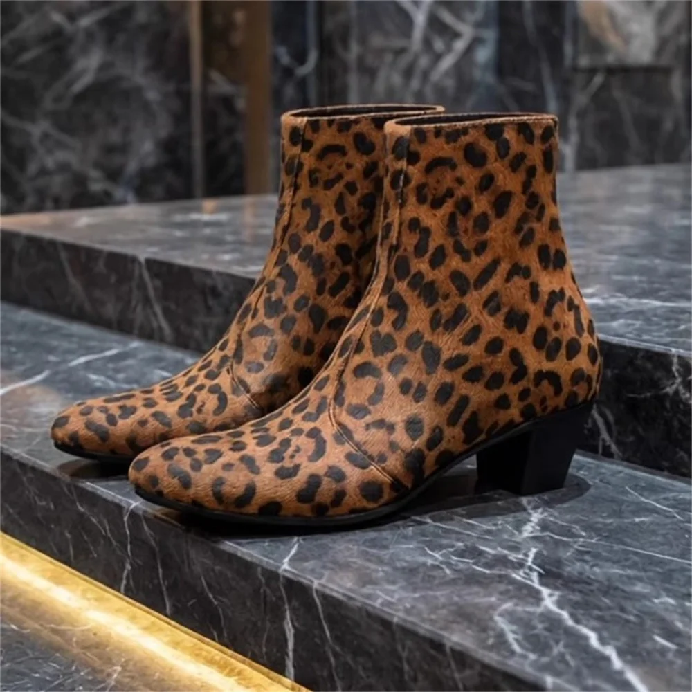2026 New Leopard Print Chelsea Boots Men Pointed Toe Genuine Leathe 6cm Chunky Heel Side Zipper British Style Trendy Short Boot