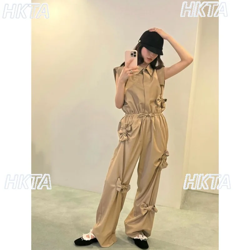 Japanese Bow Sleeveless Shirt Jumpsuits for Women Lapel Collar Waist Drawstring Wide Leg Tooling Jumpsuit Commuter Trousers