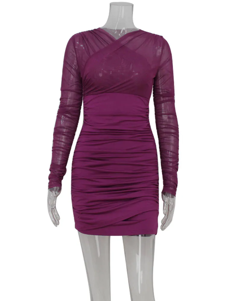 CNYISHE شبكة المرقعة شير غمد Bodycon فساتين النساء طويلة الأكمام س الرقبة وتتسابق الورك التفاف مثير نادي الإناث Vestidos الجلباب