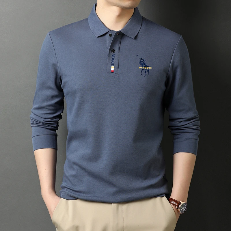 Spring Men's Long Sleeved T-shirt, Pure Cotton Polo Shirt, Men's Lapel, High-end Embroidered Base Shirt, Loose 100% Cotton Top