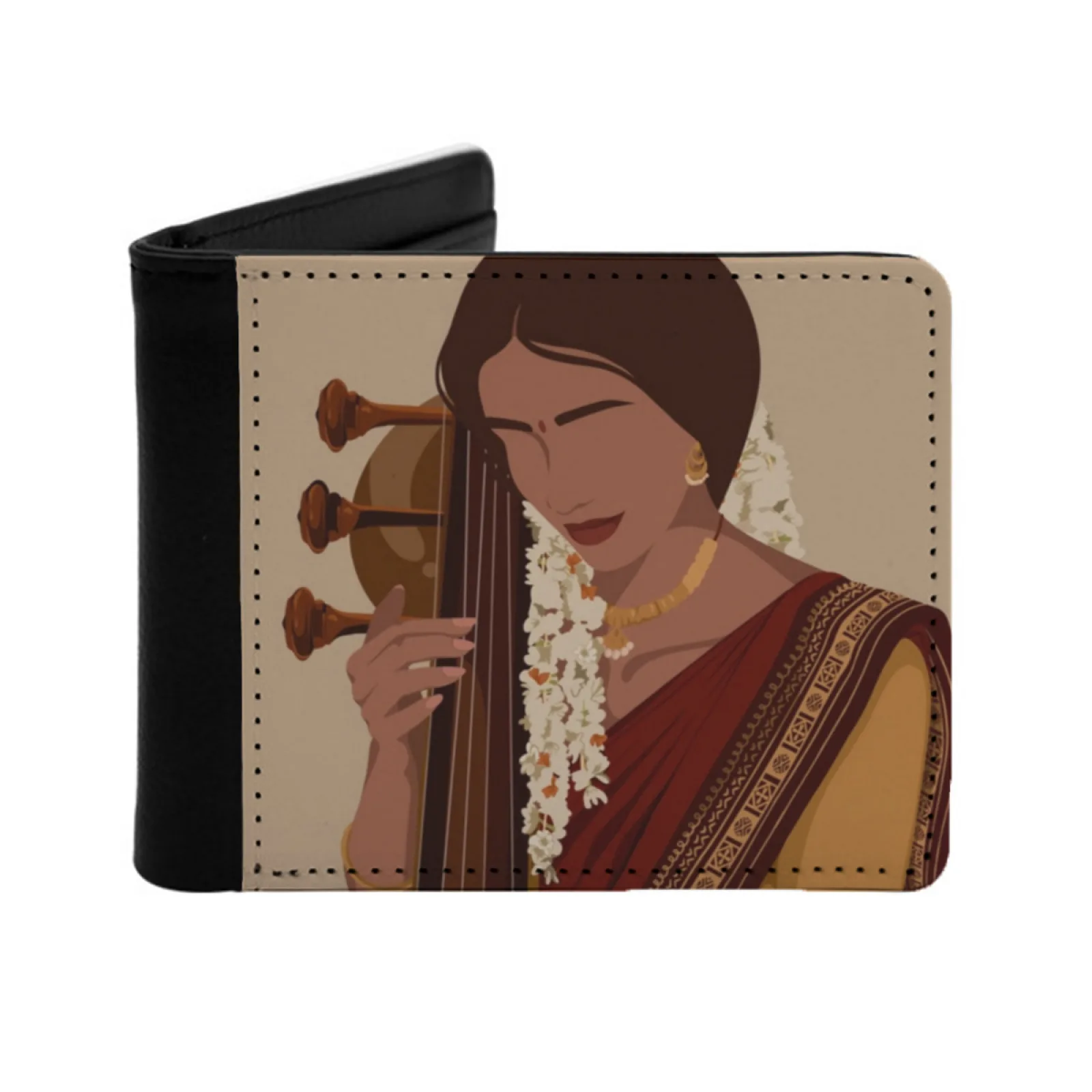 

Indian Women Playing Veena Men's Wallet Pu Leather Wallet Multifunction Credit Card Purse Indian Art Desi Art Veena Art Sitar
