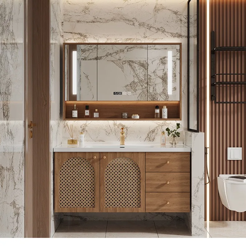 Factory Direct 2026 Japanese-style log wind bathroom cabinet rattan combination integrated ceramic basin toilet hand wash sink o