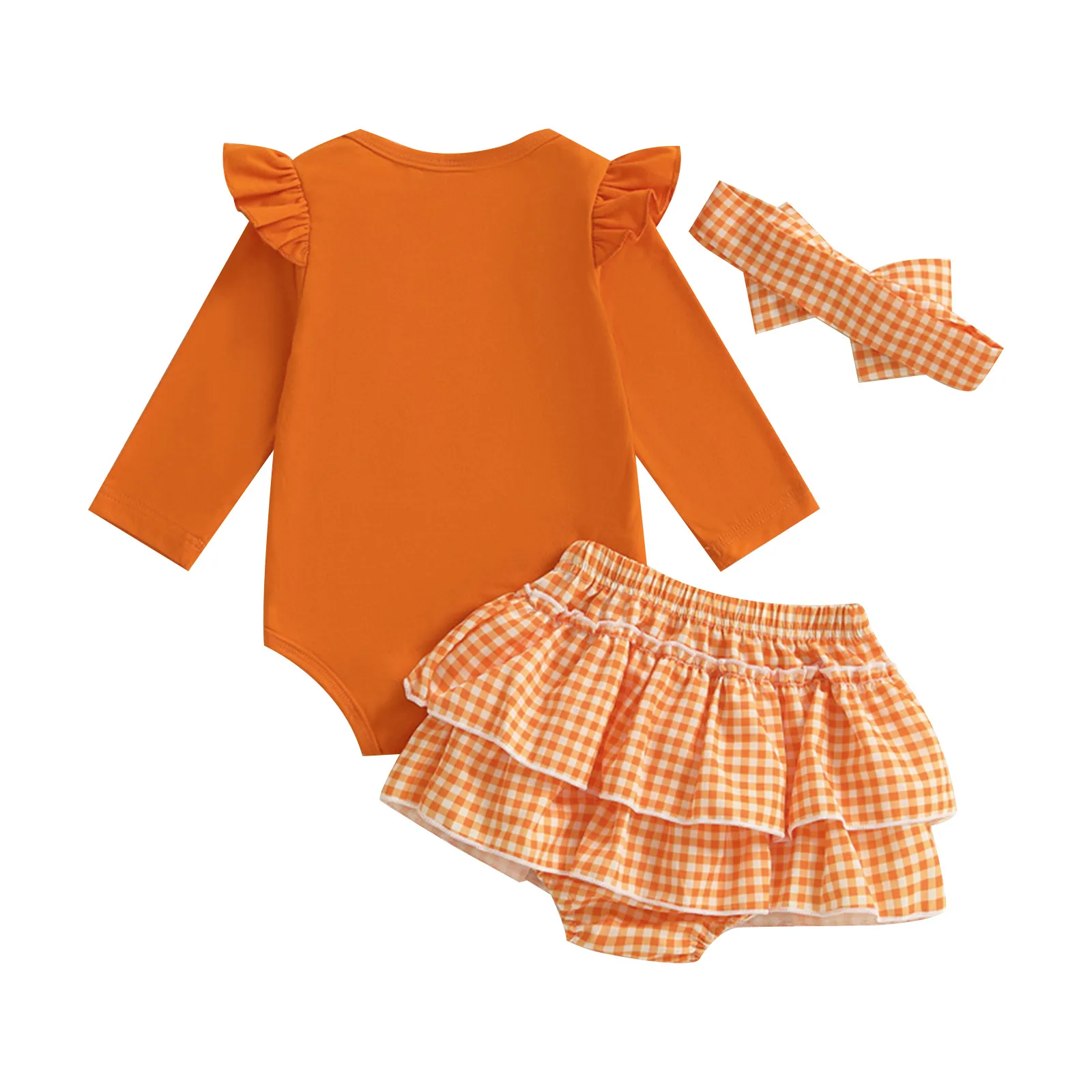 Ropa de calabaza de Halloween para niñas recién nacidas, peleles de manga larga con volantes y falda a cuadros con volantes escalonados, conjunto de banda para la cabeza
