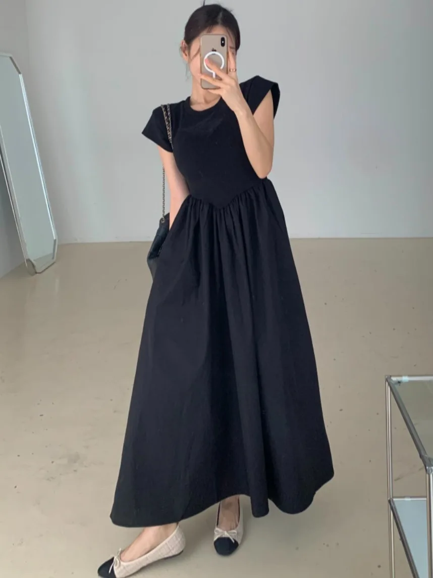 

Ele Summer Slim Fit Длинное платье со сборками и круглым вырезом Ne Flng Sve Женское модное платье миди Dr