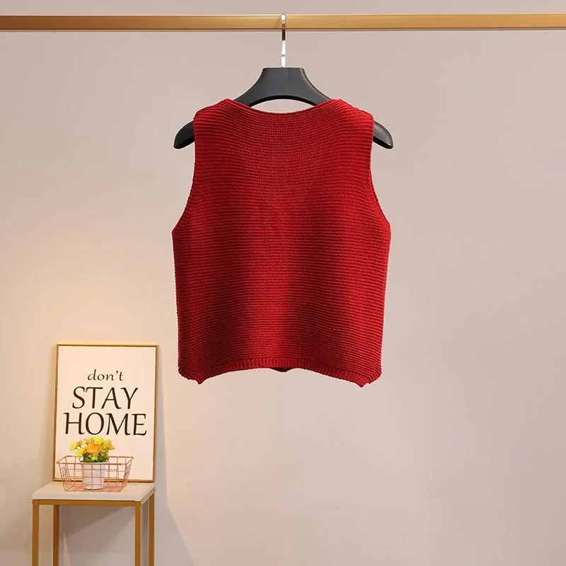 V-neck Button Knit Vest Women Spring Autumn Sleeveless Sweater Cardigan Korean Style Cute Wine-Red Black White Cropped Cover Top