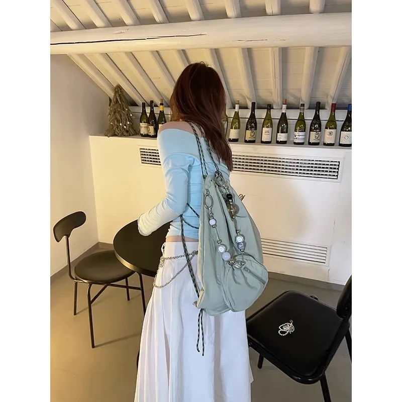 Women Green Beading Drawstring Bag Korean Fashion Summer Sports Fitness Backpacks Butterfly Y2k String School Bags Ins Backpack