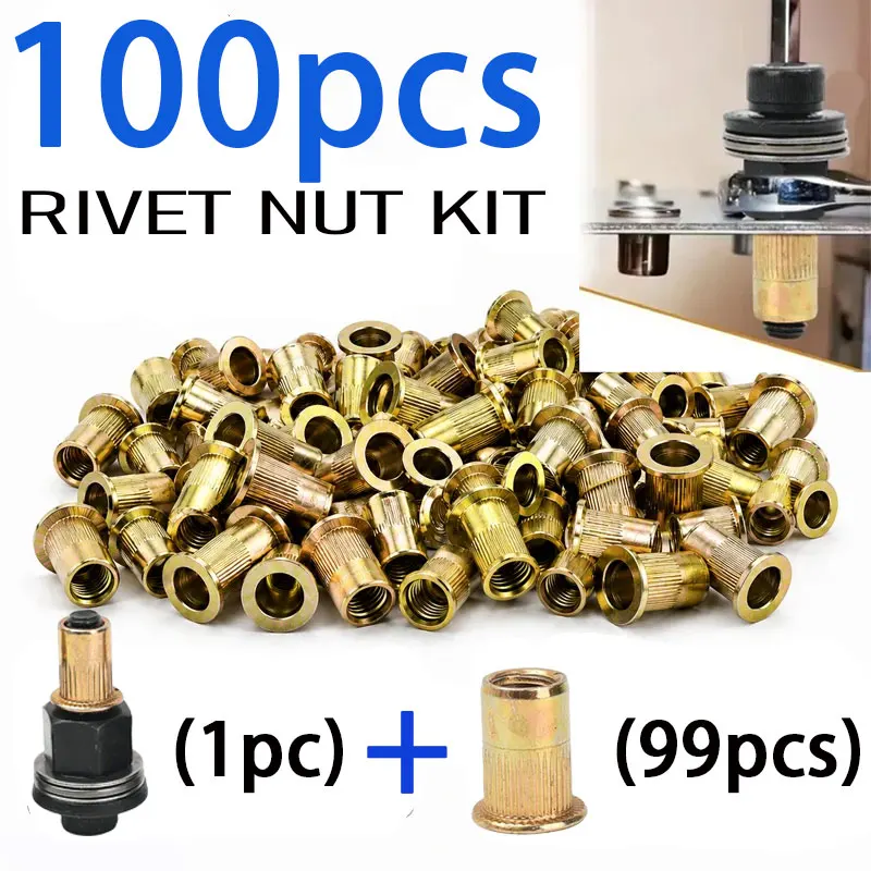 99pcs+1pc Hand Rivet Nut Manual Riveter Nut Tool Accessory for Nuts M3 M4 M5 M6 M8 M10 M12 Simple Installation