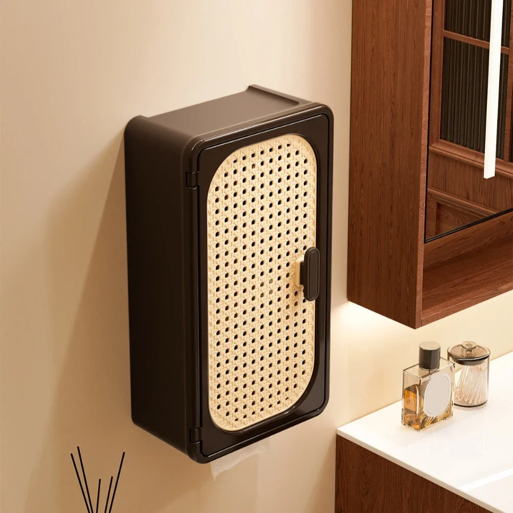 Wall mounted vintage style rattan tissue box no drill installation cosmetics and tissue organizer large capacity