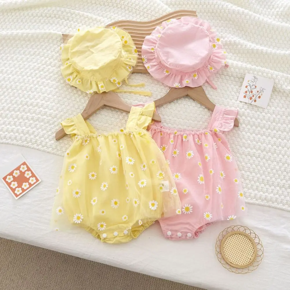 Mesh Flower Baby Princess Dress with Hat Sleeveless Loose Baby Climbing Suit Infant Romper Sweet Thin Toddle Jumpsuits Holiday