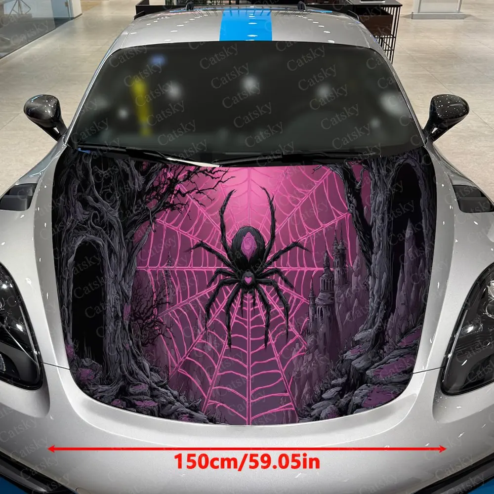 Magenta Purple Dark Realm Spider on Web Car Vinyl Wrap, PVC Waterproof Car Hood Sticker, Self-Adhesive Scratch-Resistant Sticker
