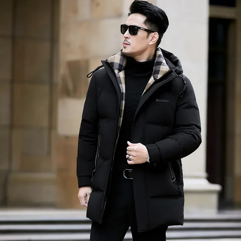 2023 men's new thickened warm down jacket mid length business hooded casual