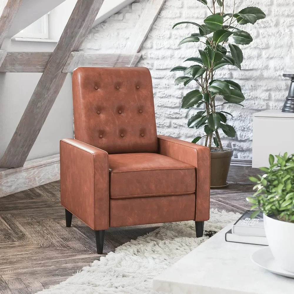 Living Room Chair, Mid Modern Cognac Brown Leather Upholstery, Button Tufted Backrest, Living Room Chair