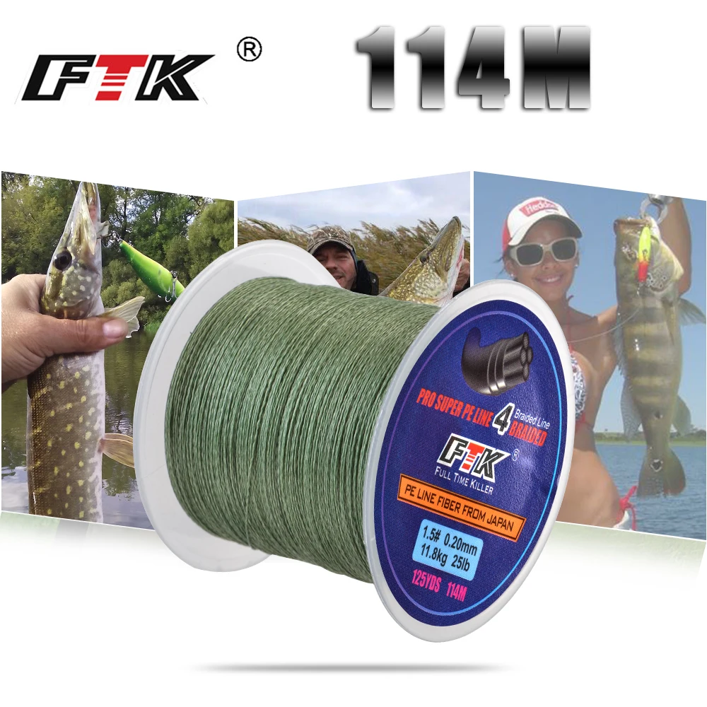 FTK 114M PE Geflochtene Draht Angelschnur 125Yards 4 Stränge 0,10mm-0,40mm 8LB-60LB Japan Unglaublich starke Multifilament Faser Linie