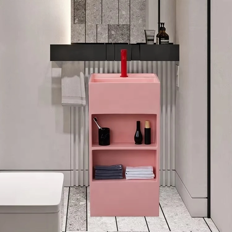 Freestanding Solid Surface Basins Composite Stone Washbasin Artificial Stone Bathroom Sinks with Shelf