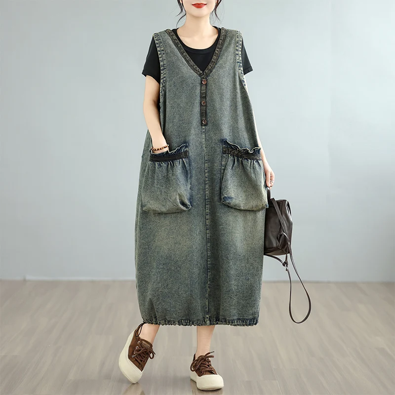 

Платье женское миди в стиле ретро из потертого денима с большими карманами, свободного кроя, с высокой талией, 100% хлопок, без стрейча