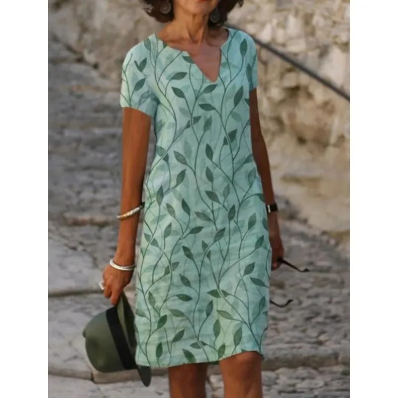 Summer Casual Dress Dresses 2025 Woman Vestidos V-link Printed Short Sleeves Loose Simple Style Comfortable Commuting Homewear