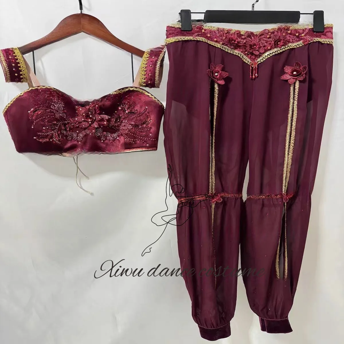 Professional ballet Arab split wine red custom competition chiffon skirt